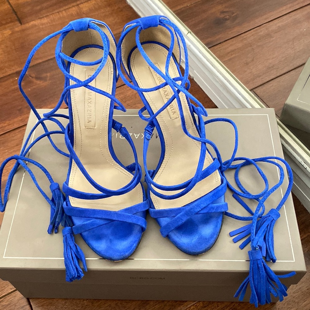 Cobalt suede strappy sandals with tassels